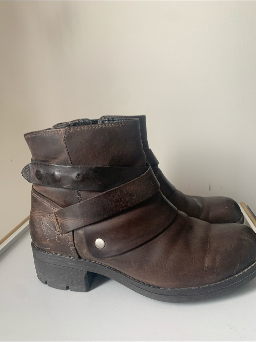 Clarks Dark Brown Leather Ankle Booties with Wrap Strap Detail